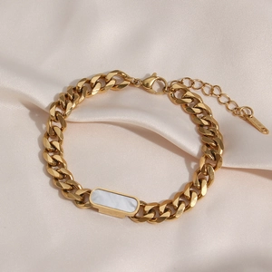 18K gold plated stainless steel Cuban chain bracelet with rectangular marble inlay on silk