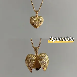Heart Pendant Necklace Openable Locket Copper Real Gold Plated Zircon Titanium Steel Chain Shiny Elegant For Women Jewelry