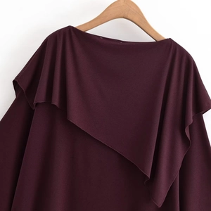 Women's burgundy long sleeve top with layered ruffles and loose casual round neckline