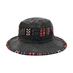 Outdoor sun protection wide brim bucket hat with ethnic tribal pattern for hiking and travel