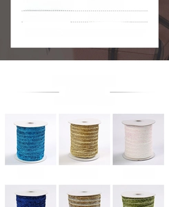 Detail view of 1cm glitter ribbon spools in teal, light gold, and iridescent white colors