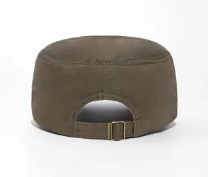 Detail of army cadet cap back featuring adjustable metal buckle and neat cotton stitching