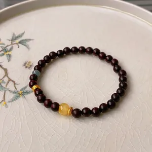 Sandalwood Beaded Bracelet With Blue Crystal Synthetic Amber Copper Spacers Oriental Vintage Zen Jewelry For Women