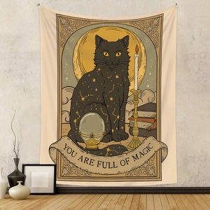 Detail of bohemian black cat tapestry with magic elements and You Are Full Of Magic text