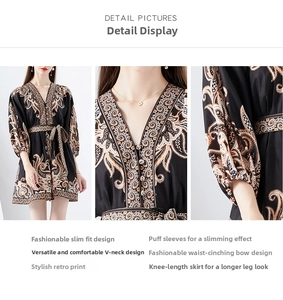 Detail view of V-neckline with buttons and vintage paisley pattern on mini dress