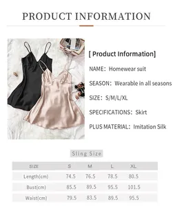 Detailed size guide table for women backless satin nightdress with strap length and bust info