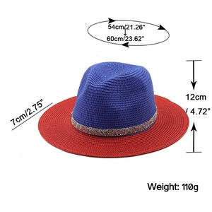 Detailed dimensions of blue and red panama straw hat with sizing and measurements