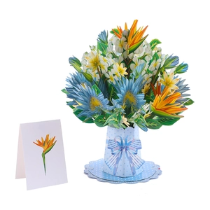 3D pop up flower bouquet card in blue polka dot vase for Teacher's Day greetings