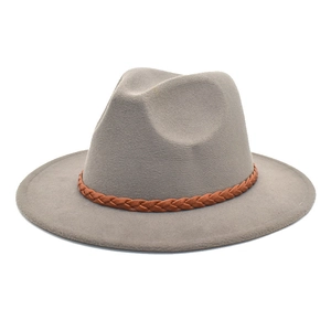 Detail of light grey wool fedora hat featuring a brown braided leather belt band