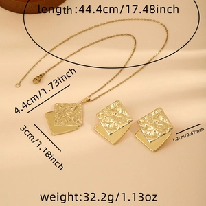 Detail view of gold textured necklace set showing exact weight and dimensions measurement