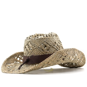 Handwoven straw western cowboy hat with breathable open-work design and brown band decoration