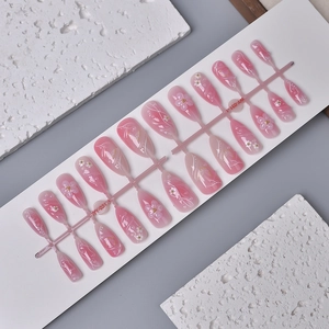 24pcs 3D butterfly almond press-on nails with pink gradient and flower accents