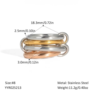 Detail of interlocking stainless steel ring bands with size measurements and dimensions