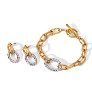 Set di gioielli bicolore in acciaio inossidabile con bracciale a catena T-bar e orecchini