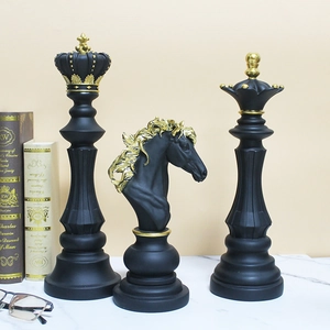 Nordic resin chess piece decor set with black and gold king queen and knight figurines
