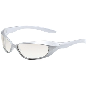 Y2K futuristic silver wraparound sunglasses with matte finish and aerodynamic sports frame