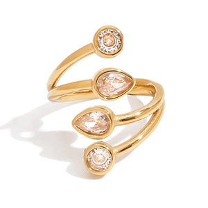 Stainless Steel Spiral Wrap Ring With Water Drop Zircon Gold Plated Fashion Jewelry For Women