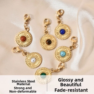 Set of six vintage gold stainless steel pendants with colorful natural stone inlays