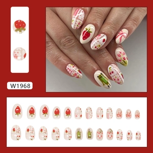 Sweet strawberry and frog press-on nails set with 3D bows and tulip floral designs