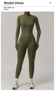 Detail of military green yoga bodysuit featuring zipper closure and long sleeves with thumbholes