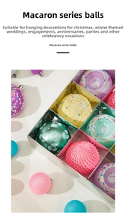 Detailed macro view of macaron colored Christmas ornaments with glitter and snowflake texture
