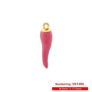 Detailed view of pink enamel chili pendant measuring 5mm by 17.5mm with gold ring