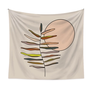 Bohemian tapestry with abstract sun and leaf line art on a beige fabric background