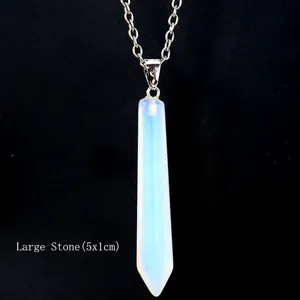 Detail view of a large opal hexagonal crystal pillar pendant 5x1cm on silver chain