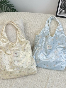 Pearlescent velvet tote bags with cute bear and floral prints in yellow and blue