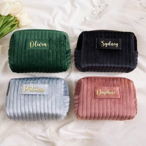 Velvet Makeup Bag Quilted Vertical Stripe Large Capacity Toiletry Organizer Portable Zipper Cosmetic Storage For Travel