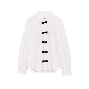 Women Lace Blouse Shirt Collar Long Sleeve Hollow Out Front Black Bows Elegant Fashion Sweet Casual Tops