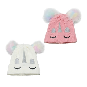 Bonnets tricotés licorne pour enfants avec corne pailletée et pompons arc-en-ciel rose et blanc