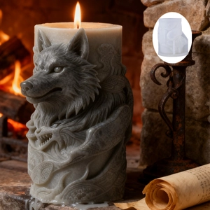 Wolf and dragon relief candle with its DIY silicone mold in a vintage fireplace setting