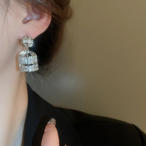 Detailed view of silver birdcage earrings with pearls and crystals worn by a model