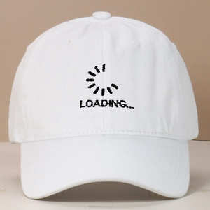 White washed cotton baseball cap with embroidered Loading progress bar and text design