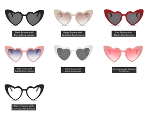 Multiple color options for heart shaped sunglasses with various lenses and frames