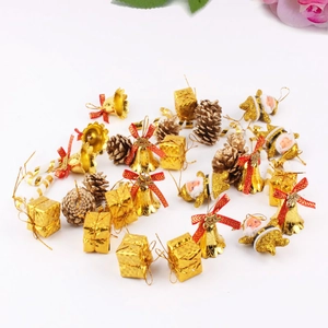 36pcs Christmas tree ornaments set with golden bells red ribbons and mini gift boxes