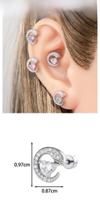 Detailed size view of heart zircon moon ear studs in purple, pink, blue and white