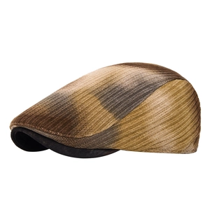 British style newsboy cap with multicolor knit fabric and black leather brim for autumn