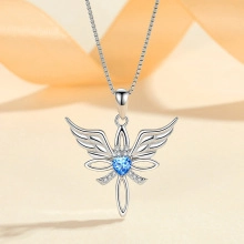 Detail of S925 silver necklace with blue heart crystal and angel wings pendant