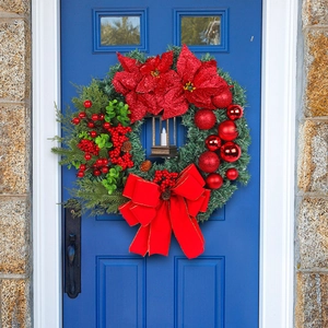 Christmas Wreath With LED Lantern Red Poinsettia Flowers Berries Pine Cones For Front Door Holiday Wall Decor Hanging