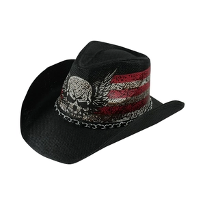 Western straw cowboy hat with skull print and silver metal chain decoration