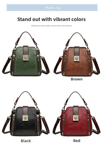 Detailed comparison of vintage style bucket bags in green, brown, black and red leather