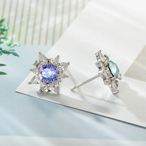Elegant flower-shaped 925 silver stud earrings with purple zircon and sparkling crystals