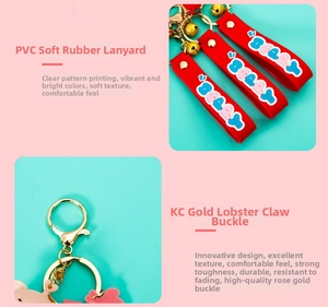 Detail of red PVC soft rubber strap and polished rose gold metal lobster clasp keychain