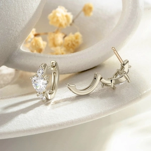 Silver coffee gold vintage heart zircon earrings hoop shown in open and closed views