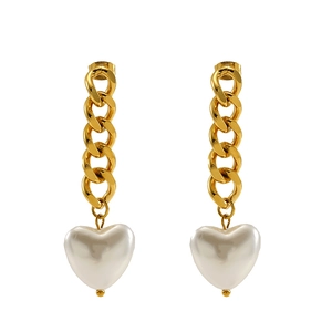 18K gold plated chain earrings with heart pearl pendant shown on white background