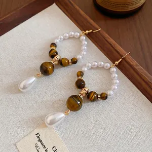Vintage pearl and tiger eye stone drop earrings with gold hooks for women