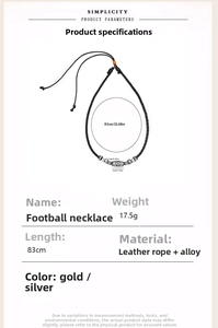 Detailed view of handmade leather football necklace with size and weight specifications