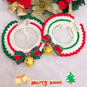 Christmas Pet Collar Handmade Knitted Scarf With Gold Bell And Bow Adjustable Polyester Xmas Party Decor For Cats Dogs